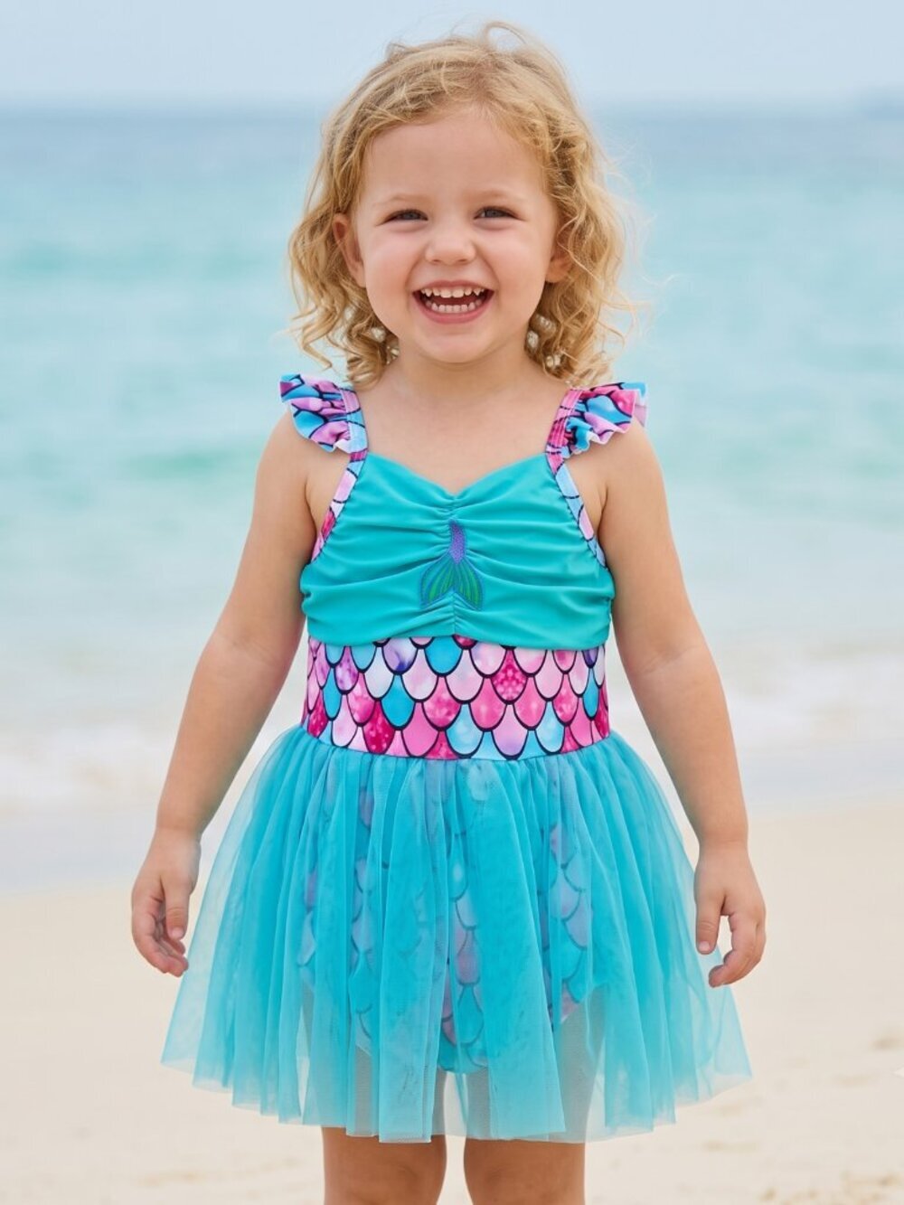 NWT | Mioglrie Girls Mermaid One-Piece Swimsuit with Blue Tulle Tutu Skirt | 2-3